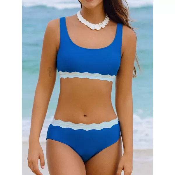 imageCUPSHE Womens Bikini Set Two Piece Swimsuit Scoop Neck Wide Straps Color Block Mid Rise SwimwearBlue