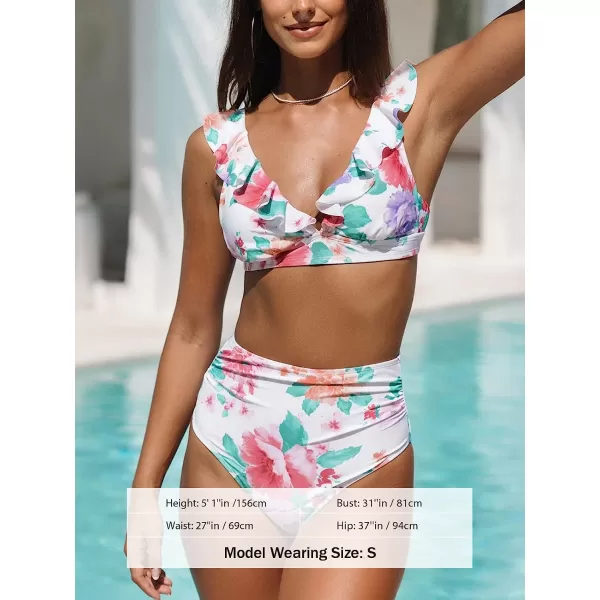 imageCUPSHE Womens Bikini Set Two Piece Swimsuit Shirred High Waisted Floral Ruffled Back Tie SwimwearWhite and Floral