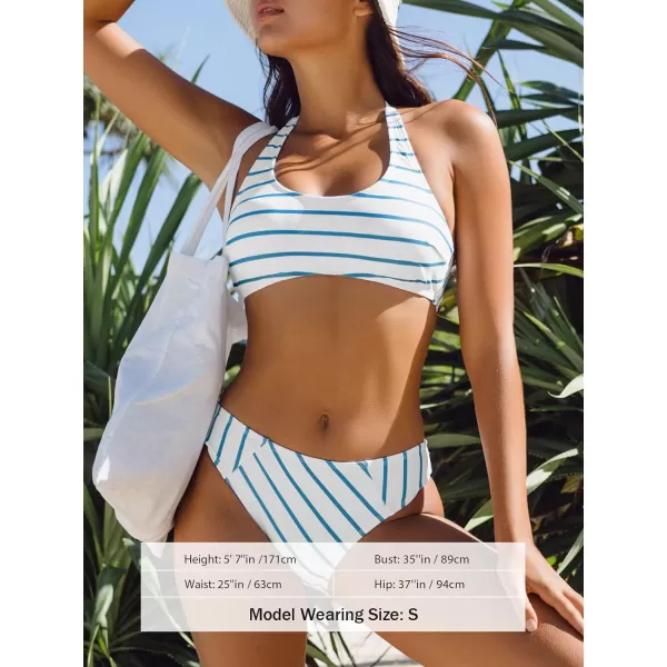 imageCUPSHE Womens Bikini Set Two Piece Swimsuit Striped Halter Self Tie Mid Rise SwimwearBlue amp White Horizontal Stripes