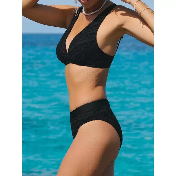 imageCUPSHE Womens Bikini Set Two Piece Swimsuit V Neck Back Hook Crochet SwimwearBlack