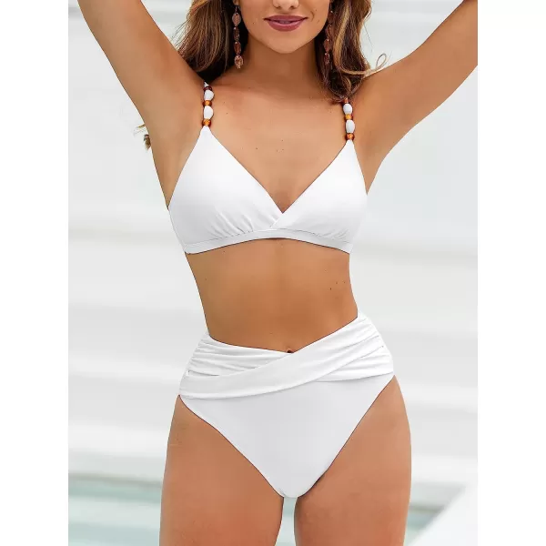 imageCUPSHE Womens Bikini Set Two Piece Swimsuit V Neck Back Hook Top High Waisted Wrap Front Bottom BeadedWhite