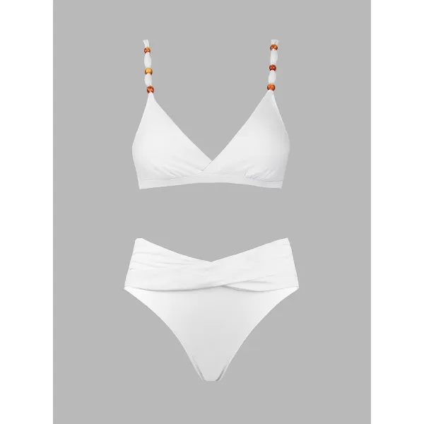imageCUPSHE Womens Bikini Set Two Piece Swimsuit V Neck Back Hook Top High Waisted Wrap Front Bottom BeadedWhite