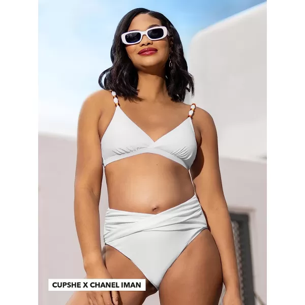 imageCUPSHE Womens Bikini Set Two Piece Swimsuit V Neck Back Hook Top High Waisted Wrap Front Bottom BeadedWhite