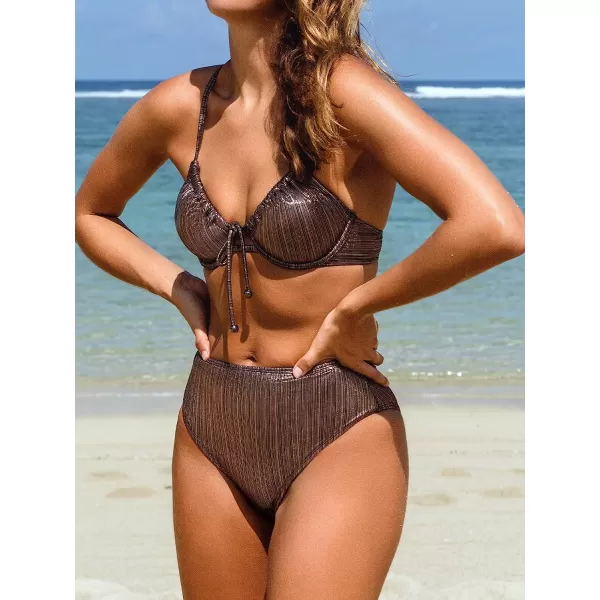 imageCUPSHE Womens Bikini Set Two Piece Swimsuit V Neck High Waisted Bottom Push Up Back Hook Metallic GlitterBronze