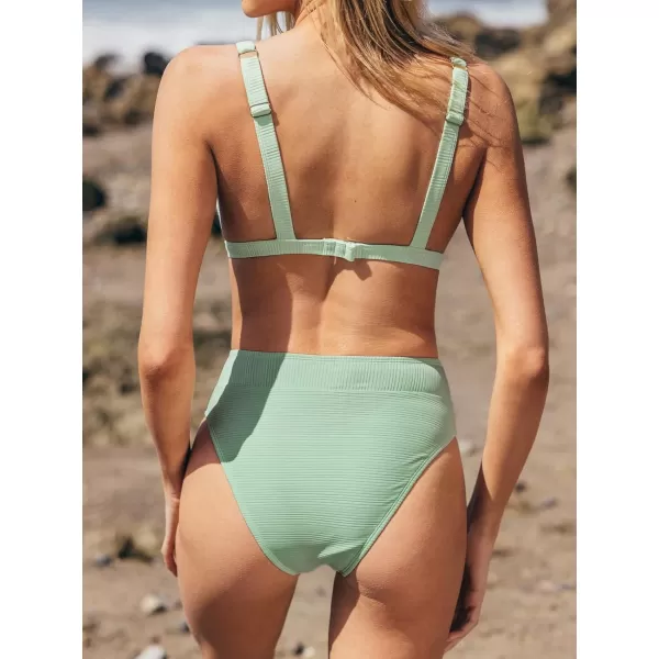 imageCUPSHE Womens Bikini Set Two Piece Swimsuit V Neck Ribbed Adjustable Straps High Waisted BottomMint Green