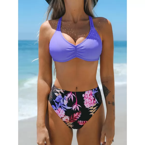 imageCUPSHE Womens Bikini Set Two Piece Swimsuit V Neck Ruched Back Self Tie High Waisted Bottom Hydrangea FloralPurpleBlackFloral