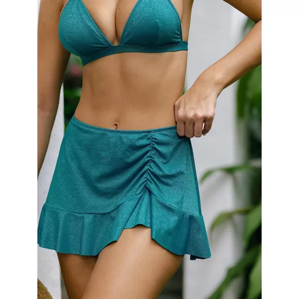 imageCUPSHE Womens Bikini Set Two Piece Swimsuit V Neck Self Crosstie Triangle Mini High Waisted Ruffle Skirt LurexDark Turquoise Green