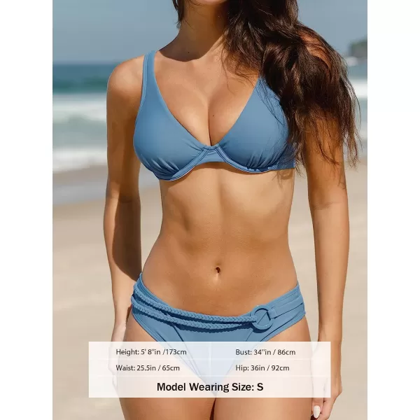 imageCUPSHE Womens Bikini Set Two Piece Swimsuit V Neck Underwire Top Push Up Back Hook Belted ORingBlue