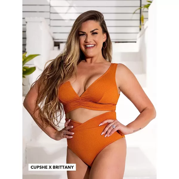 imageCUPSHE Womens Bikini Set Two Piece Swimsuit V Neck Wide Straps High Waisted VCut Bottom Lurex TexturedOrange