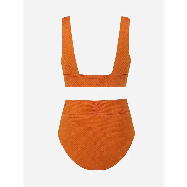 imageCUPSHE Womens Bikini Set Two Piece Swimsuit V Neck Wide Straps High Waisted VCut Bottom Lurex TexturedOrange