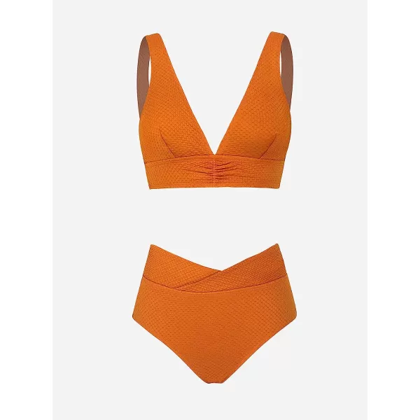 imageCUPSHE Womens Bikini Set Two Piece Swimsuit V Neck Wide Straps High Waisted VCut Bottom Lurex TexturedOrange