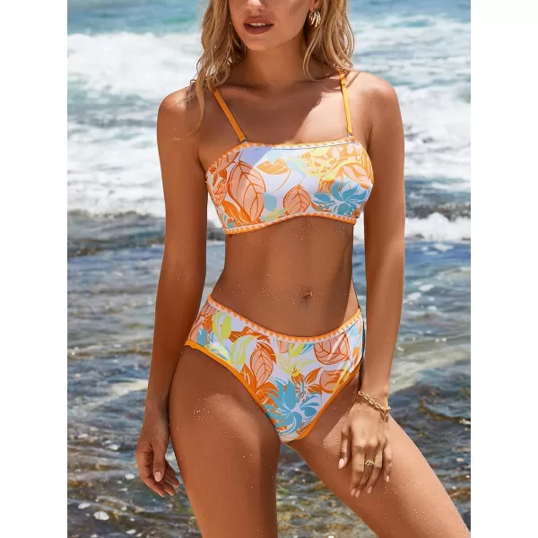 imageCUPSHE Womens Bikini Set Two Piece Swimsuits Bandeau Lace Up Back Self Tie Removable Straps Shell TrimOrangeTropical Floral