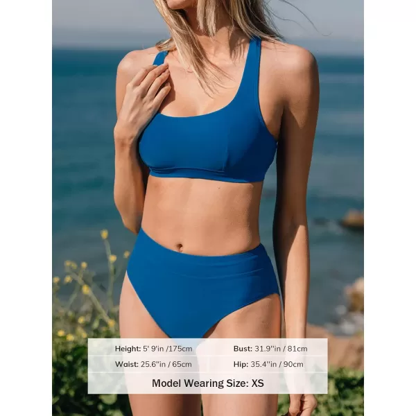 imageCUPSHE Womens Bikini Set Two Piece Swimsuits High Waisted Adjustable Straps Sauqre Neck Crisscross Tie Back HookCobalt Blue