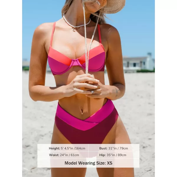imageCUPSHE Womens Bikini Set Two Piece Swimsuits High Waisted Back Hook V Cut Cheeky Bottom UnderwireMagenta Red
