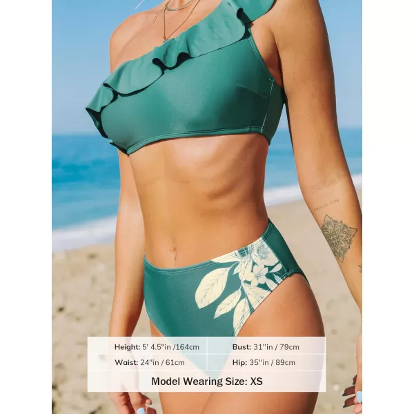 imageCUPSHE Womens Bikini Set Two Piece Swimsuits High Waisted One Shoulder Ruffled Asymmetrical TopAqua Green