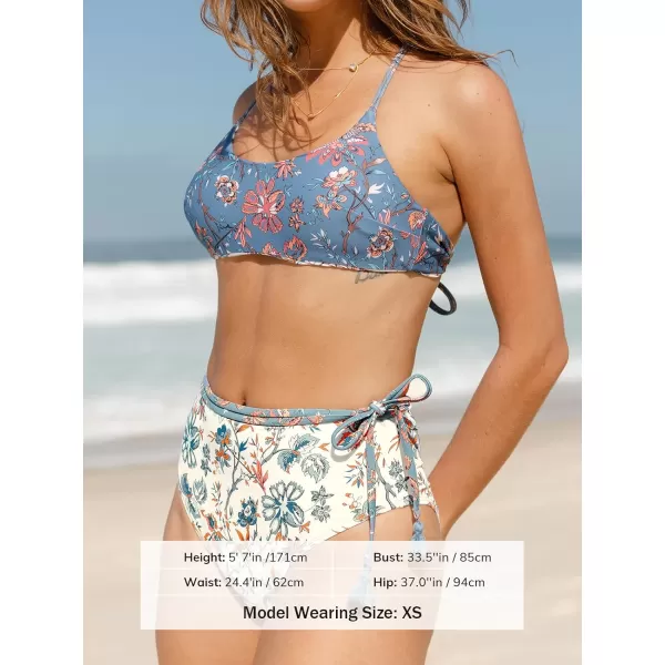imageCUPSHE Womens Bikini Set Two Piece Swimsuits High Waisted Scoop Neck Crisscross Back Self Tie Reversible TopBlueBeige