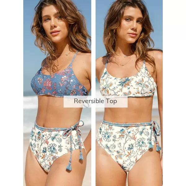 imageCUPSHE Womens Bikini Set Two Piece Swimsuits High Waisted Scoop Neck Crisscross Back Self Tie Reversible TopBlueBeige
