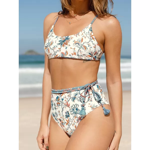 imageCUPSHE Womens Bikini Set Two Piece Swimsuits High Waisted Scoop Neck Crisscross Back Self Tie Reversible TopBlueBeige