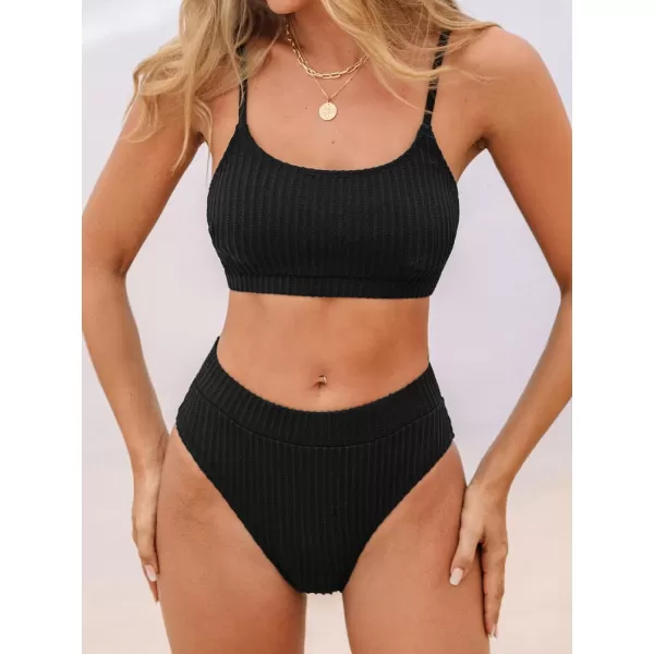 imageCUPSHE Womens Bikini Set Two Piece Swimsuits High Waisted Scoop Neck Spaghetti Adjustable Straps TexturedBlack