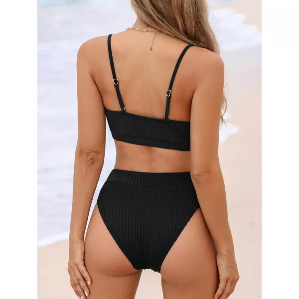 imageCUPSHE Womens Bikini Set Two Piece Swimsuits High Waisted Scoop Neck Spaghetti Adjustable Straps TexturedBlack