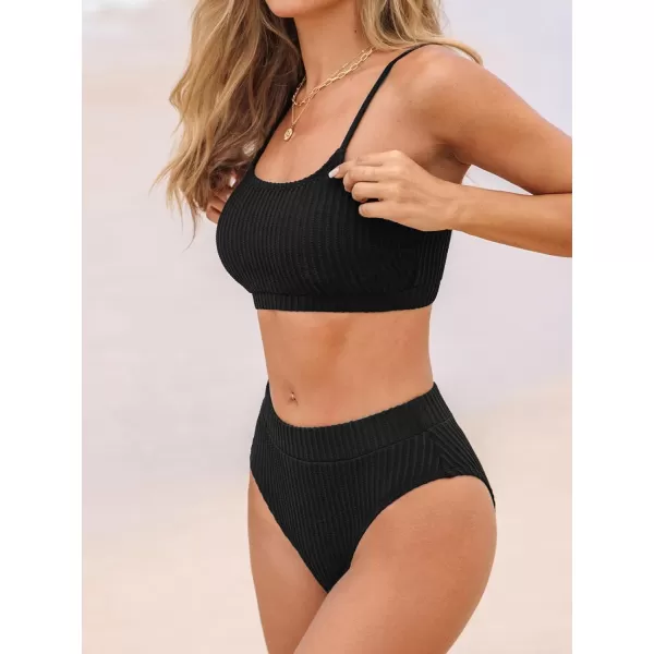 imageCUPSHE Womens Bikini Set Two Piece Swimsuits High Waisted Scoop Neck Spaghetti Adjustable Straps TexturedBlack
