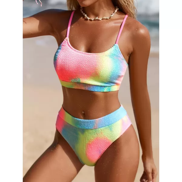 imageCUPSHE Womens Bikini Set Two Piece Swimsuits High Waisted Scoop Neck Spaghetti Adjustable Straps TexturedCandy Rainbow