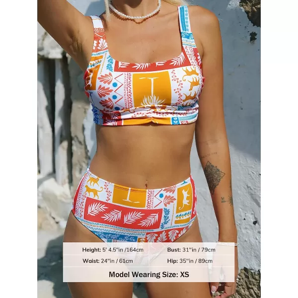 imageCUPSHE Womens Bikini Set Two Piece Swimsuits High Waisted Square Neck Back Self Tie Wide Straps ShirringWhite Geometric