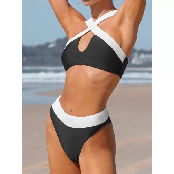 imageCUPSHE Womens Bikini Set Two Piece Swimsuits High Waisted Tank Wide Straps Color Block Cutout Cheeky BottomWhiteBlack