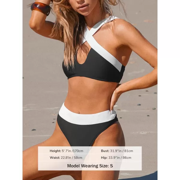 imageCUPSHE Womens Bikini Set Two Piece Swimsuits High Waisted Tank Wide Straps Color Block Cutout Cheeky BottomWhiteBlack