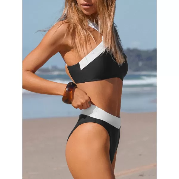 imageCUPSHE Womens Bikini Set Two Piece Swimsuits High Waisted Tank Wide Straps Color Block Cutout Cheeky BottomWhiteBlack