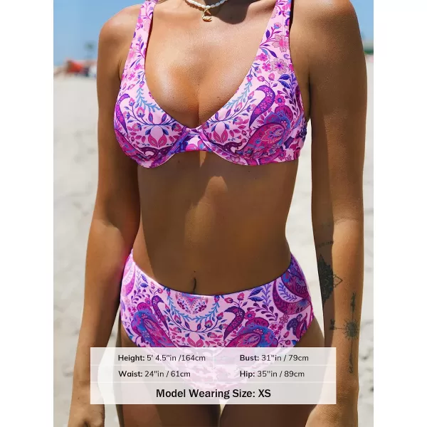 imageCUPSHE Womens Bikini Set Two Piece Swimsuits High Waisted V Neck Adjustable Straps UnderwirePurple Paisley