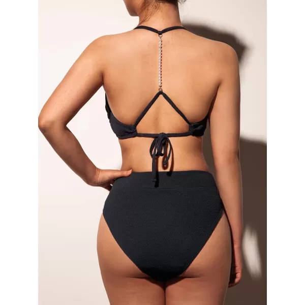 imageCUPSHE Womens Bikini Set Two Piece Swimsuits High Waisted V Neck Pearl Back Self TieBlack