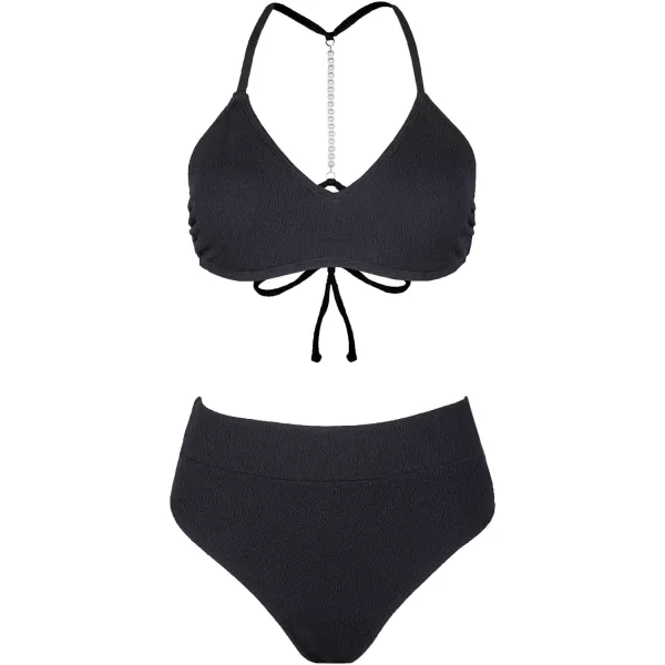 imageCUPSHE Womens Bikini Set Two Piece Swimsuits High Waisted V Neck Pearl Back Self TieBlack