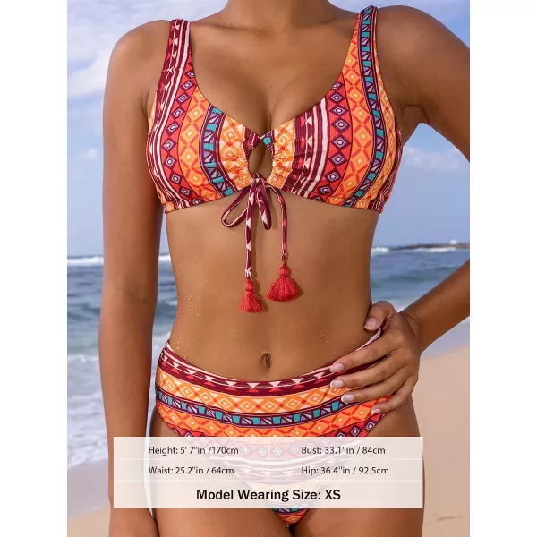 imageCUPSHE Womens Bikini Set Two Piece Swimsuits Keyhole Tassel Mid Rise Ribbed SwimwearOrange Vintage Print