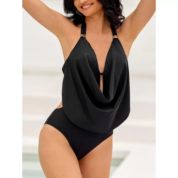 imageCUPSHE Womens Bikini Set Two Piece Swimsuits Low Rise Draped Neck Hlater Back Self Tie CutoutBlack