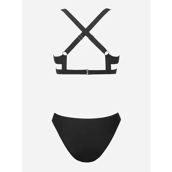 imageCUPSHE Womens Bikini Set Two Piece Swimsuits Low Rise V Neck Cutout Crisscross Back Adjustable StrapsBlack