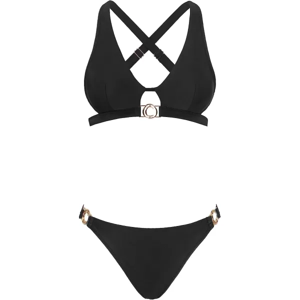 imageCUPSHE Womens Bikini Set Two Piece Swimsuits Low Rise V Neck Cutout Crisscross Back Adjustable StrapsBlack