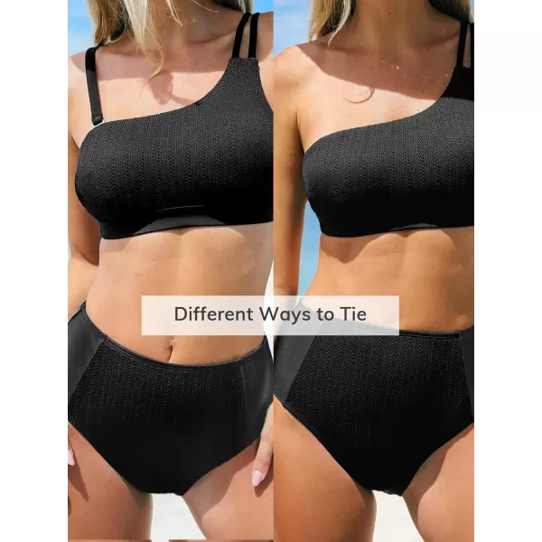 imageCUPSHE Womens Bikini Set Two Piece Swimsuits Removable Strap Adjustable Swimwear One Shoulder High WaistedBlack