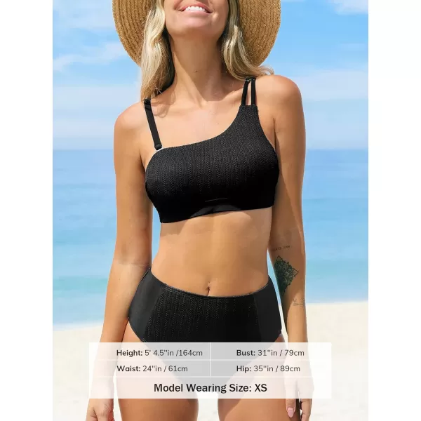 imageCUPSHE Womens Bikini Set Two Piece Swimsuits Removable Strap Adjustable Swimwear One Shoulder High WaistedBlack