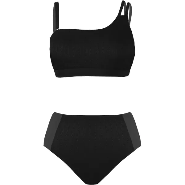 imageCUPSHE Womens Bikini Set Two Piece Swimsuits Removable Strap Adjustable Swimwear One Shoulder High WaistedBlack