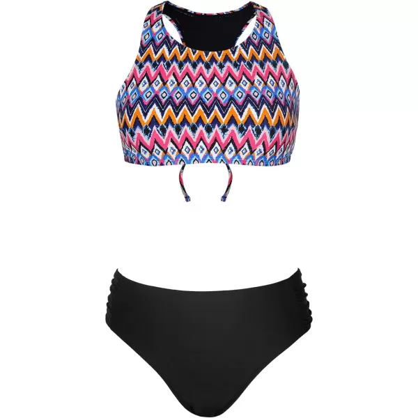 imageCUPSHE Womens Bikini Set Two Piece Swimsuits Round Neck Back Self Tie Mid Rise RuchedRainbow Ethnic