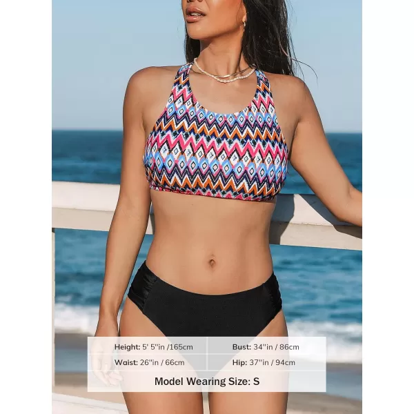 imageCUPSHE Womens Bikini Set Two Piece Swimsuits Round Neck Back Self Tie Mid Rise RuchedRainbow Ethnic