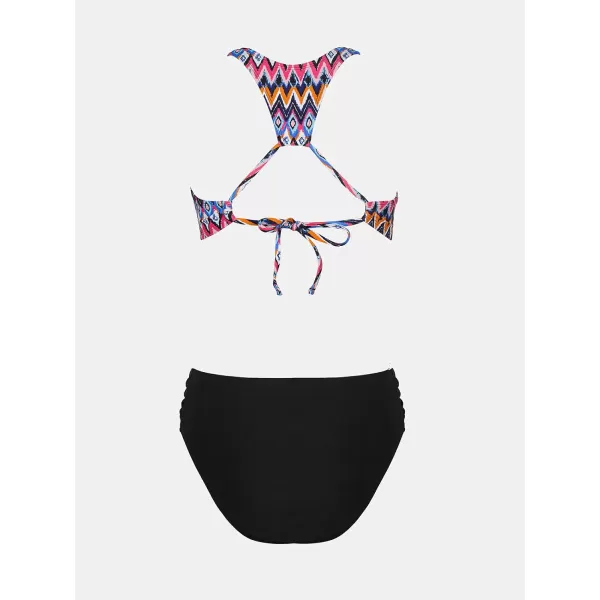 imageCUPSHE Womens Bikini Set Two Piece Swimsuits Round Neck Back Self Tie Mid Rise RuchedRainbow Ethnic