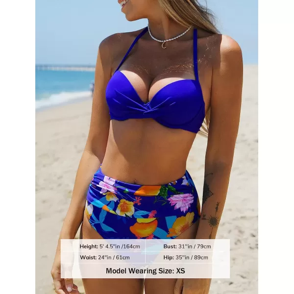 imageCUPSHE Womens Bikini Set Two Piece Swimsuits Ruched High Waisted Push Up Halter SwimwearRoyal Blue Floral