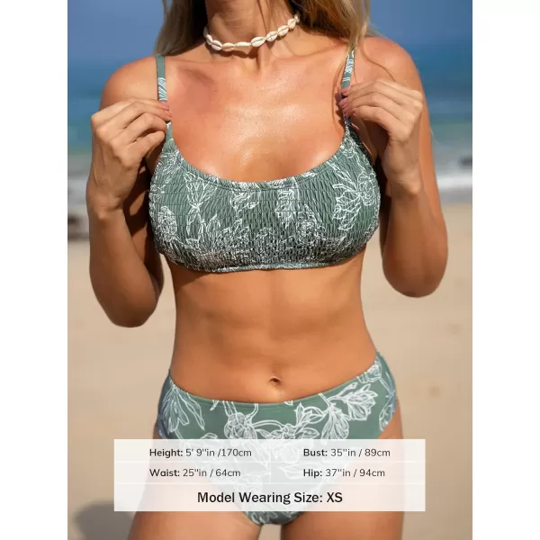 imageCUPSHE Womens Bikini Set Two Piece Swimsuits Scoop Neck Back Self Tie Mid Rise Adjustable Straps SmockedGreen Floral
