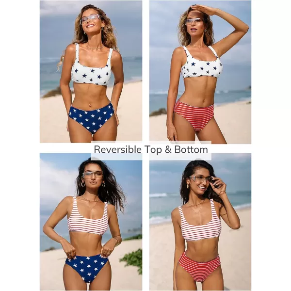 imageCUPSHE Womens Bikini Set Two Piece Swimsuits Scoop Neck U Back Tank Mid Rise Wide Straps ReversibleRedBlueWhite