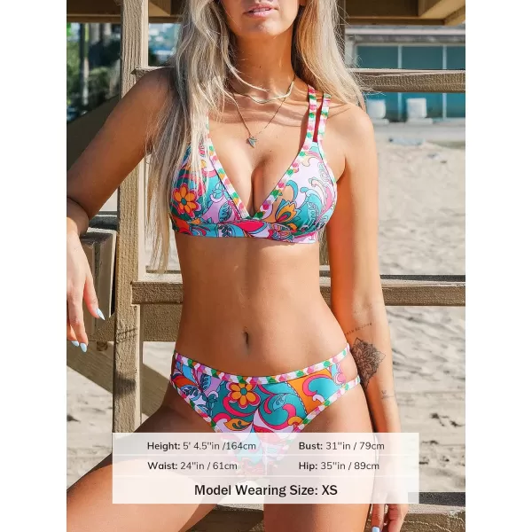 imageCUPSHE Womens Bikini Set Two Piece Swimsuits Strappy Mid Rise V Neck Cutout Adjustable Double StrapsCandy Floral