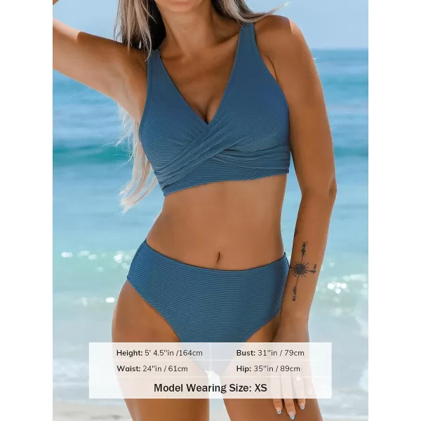 imageCUPSHE Womens Bikini Set Two Piece Swimsuits Twist Back Self Tie Mid Rise Wide StrapsSteel Blue