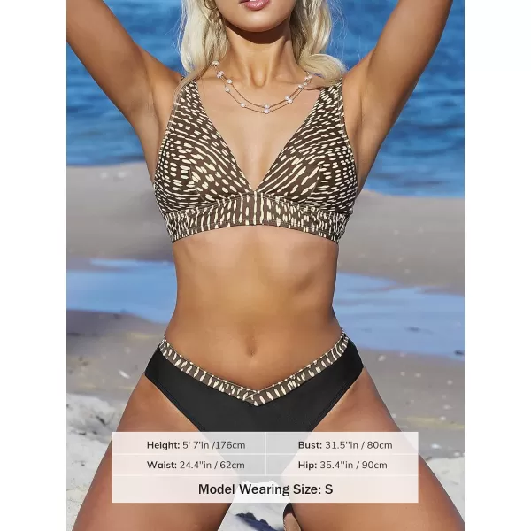 imageCUPSHE Womens Bikini Set Two Piece Swimsuits V Neck Back Hook Adjustable Straps Mid Rise V Cut BottomBrown Black