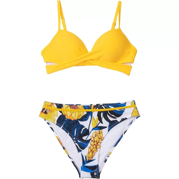 imageCUPSHE Womens Bikini Set Wrap Mid Rise Cheeky Floral Swimsuit with Adjustable StrapsBright Yellow